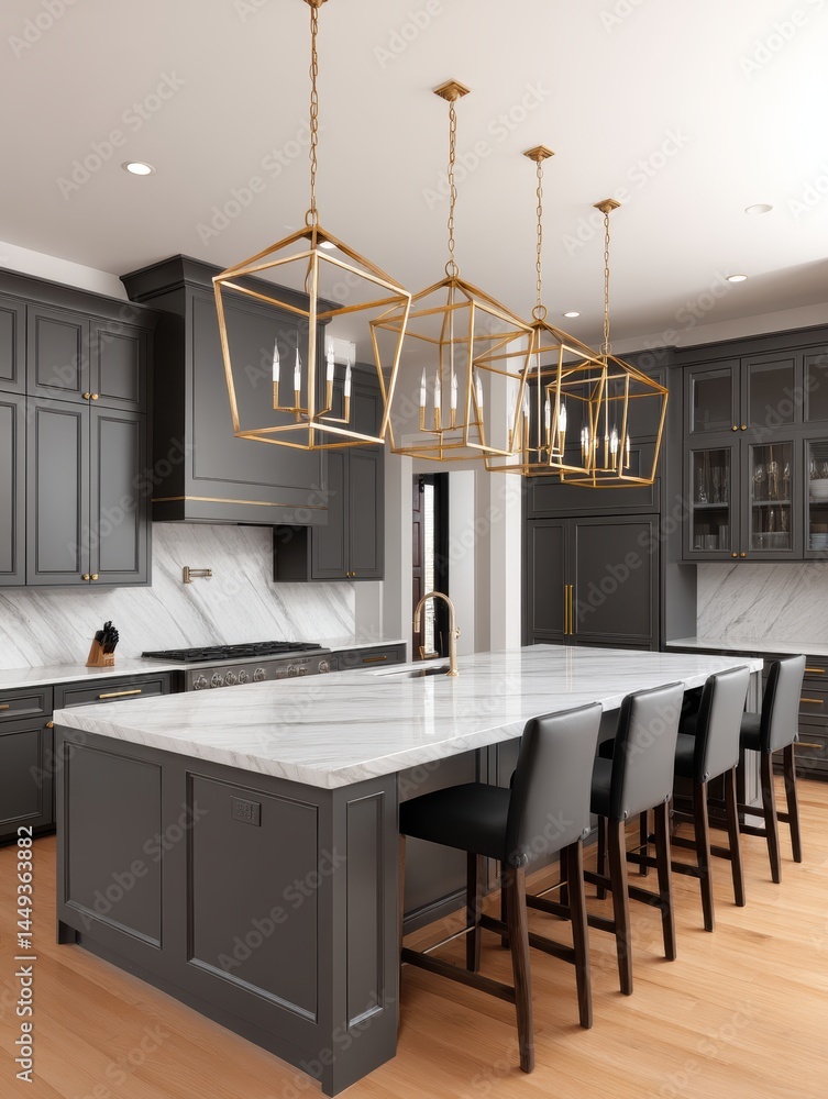 Sophisticated kitchen, dark grey cabinetry, gold accents, marble backsplash, statement pendant lights, island seating - high-quality contemporary chic island remodel