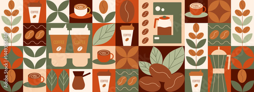 Geometric coffee pattern in minimalist bauhaus style. Abstract print background with simple shapes for coffee shop, food packaging, cafe wall, menu.