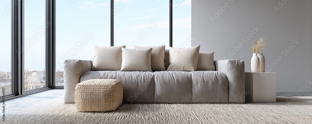 Sun-drenched living room with large windows, minimalist decor, and plush grey sofa - upscale decor minimalistic relaxing