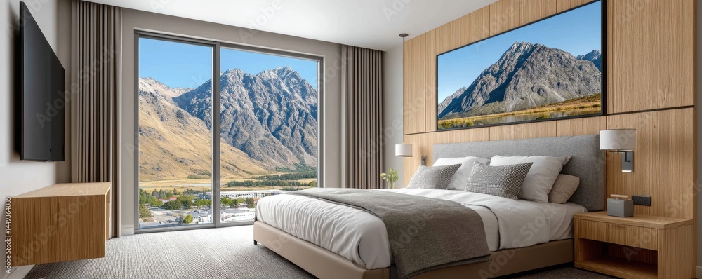 Sunlit hotel room, large framed nature photo on the wall - nature serene print