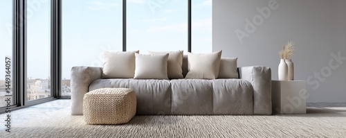 Obraz na płótnie Sun-drenched living room with large windows, minimalist decor, and plush grey sofa - upscale decor minimalistic relaxing w salonie
