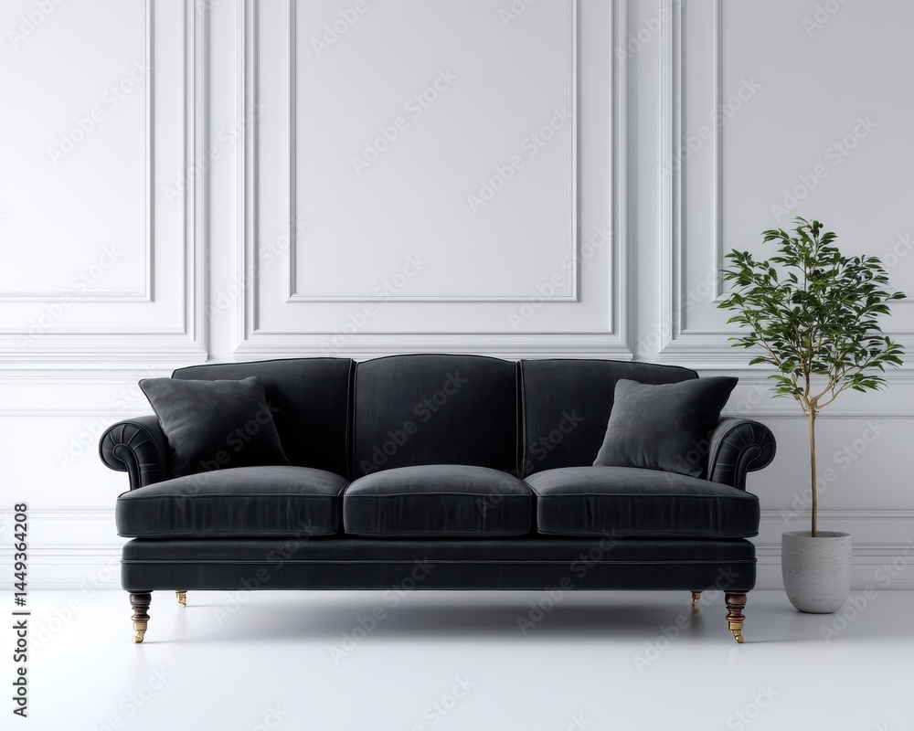 A black fabric sofa sits prominently in a bright, glossy white room, a single potted plant providing a touch of life - contrast residence inviting spacious apartment