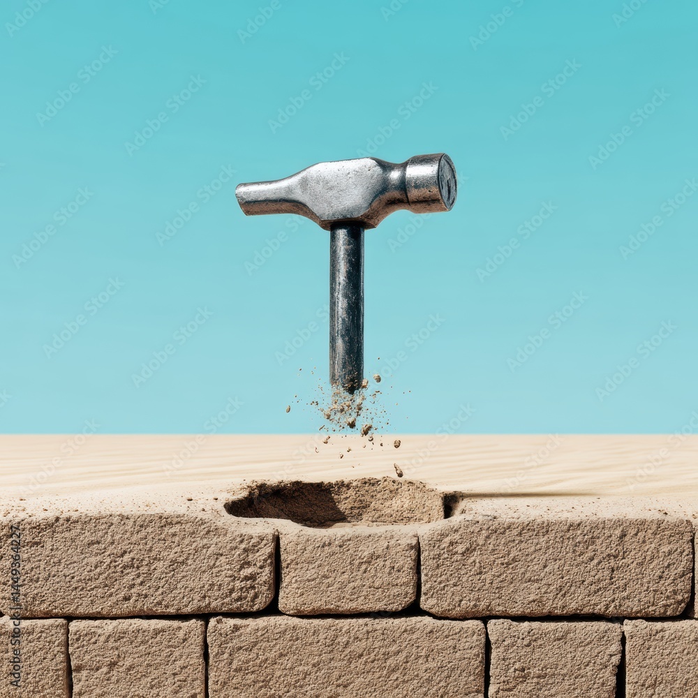 A forceful hammer blow creates a hole in a solid brick wall, symbolizing progress - equipment breakthrough tool overcome barrier