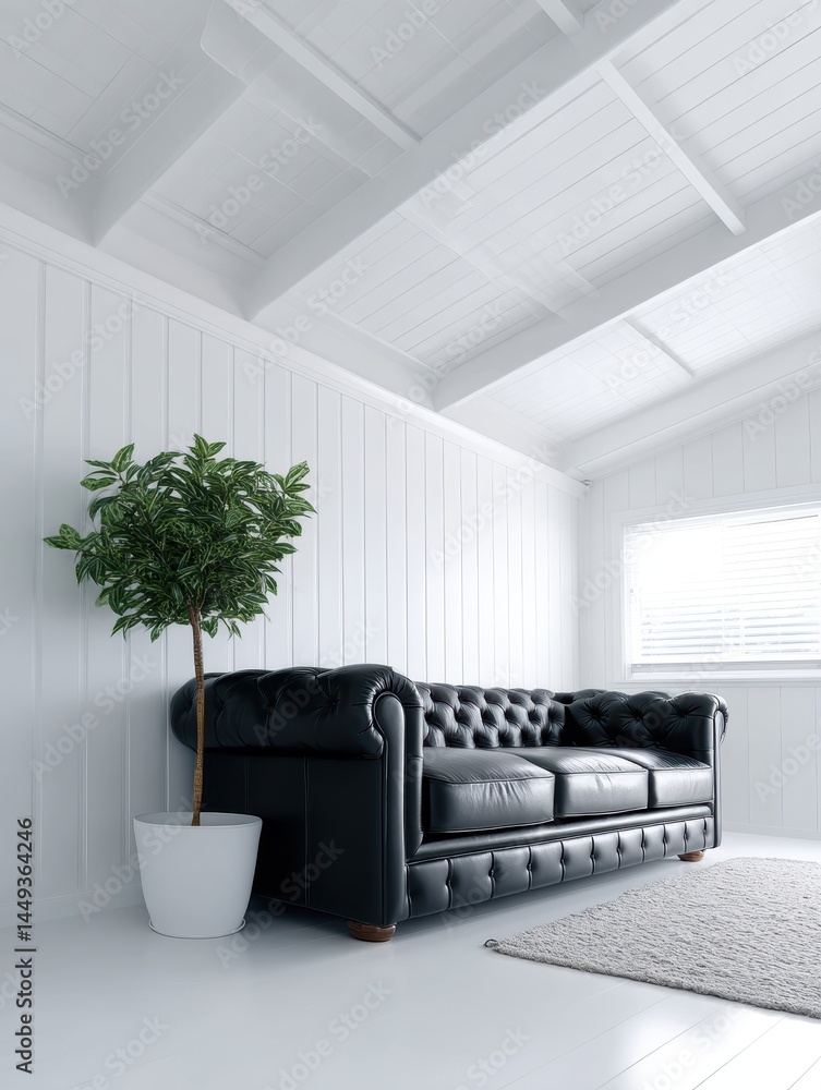 A glossy white room is punctuated by a dark, plush black sofa and a simple, white plant pot filled with lush foliage - comfortable classy trendy sofa minimalist