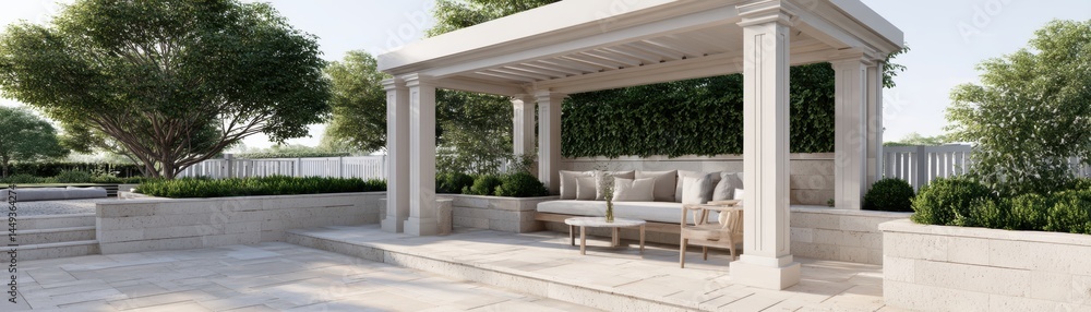A shaded seating area under a beautifully crafted pergola, showing intricate detailing - intricate architecture shadows seating chic