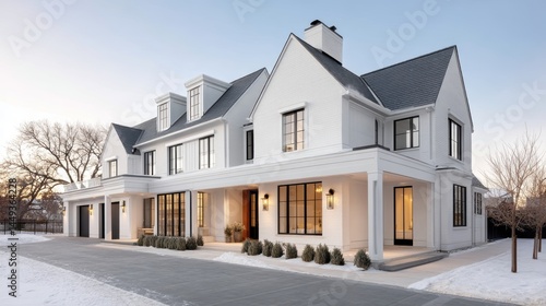 Obraz na płótnie Two-story home, decorative dormers, soft ambient lighting, snow-covered ground - decorative twinkling cozy countryside w salonie