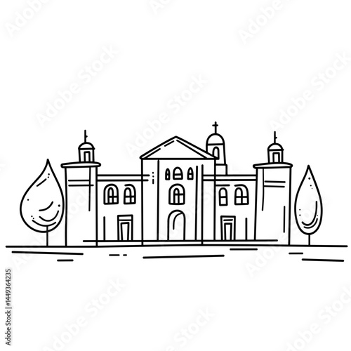 Minimalist Line Drawing of a Museum with Trees   