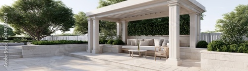 A shaded seating area under a beautifully crafted pergola, showing intricate detailing - intricate architecture shadows seating chic