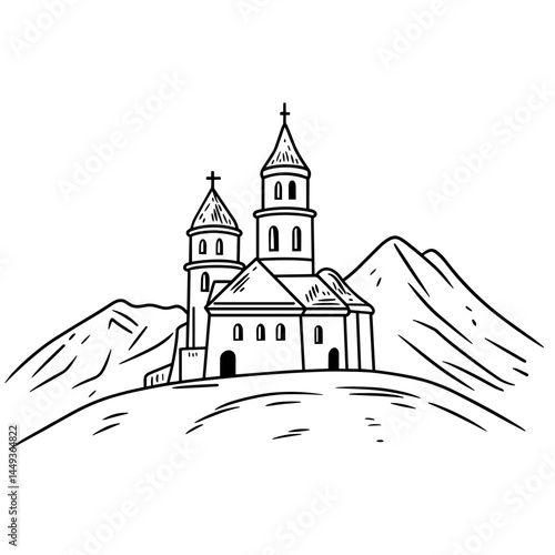 Outline drawing of a monastery on a hill with mountains in the background  