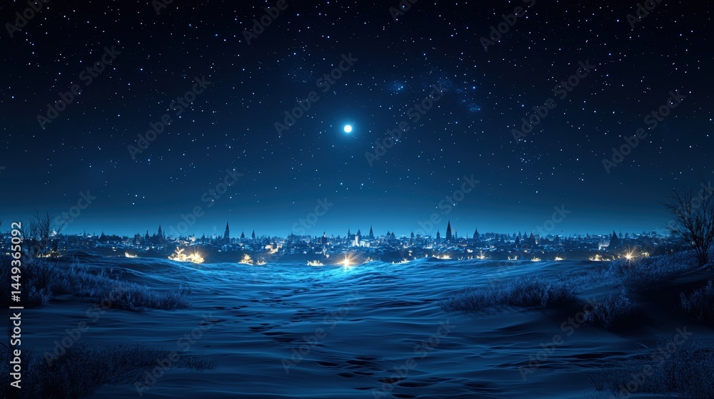 A nocturnal cityscape veiled in a winter's frost.