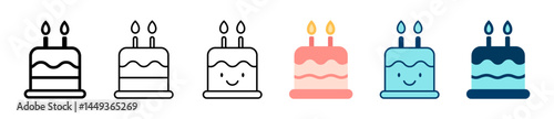 Set of 6 birthday cake icons with two candles in outline, flat, and filled styles. Includes pastel and bold color versions. Perfect for party themes, greeting cards, and UI element. Cake, icons.