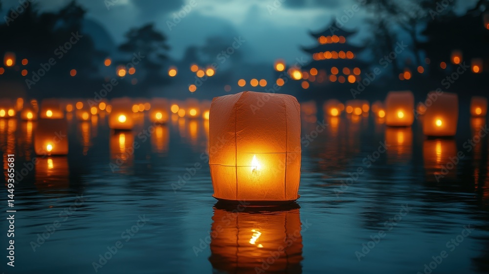 Floating paper lanterns on a tranquil water at dusk.
