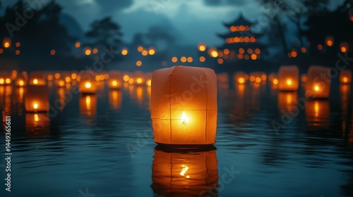 Obraz na płótnie Floating paper lanterns on a tranquil water at dusk. w salonie