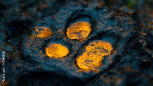 Close-up view of a wet animal track in dark earth.
