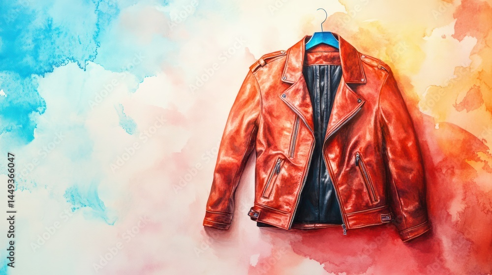 Fototapeta premium Vibrant red leather jacket hanging on a wooden hanger against a watercolor background with pastel colors, featu detailed texture, stylish fashion, and casual wear