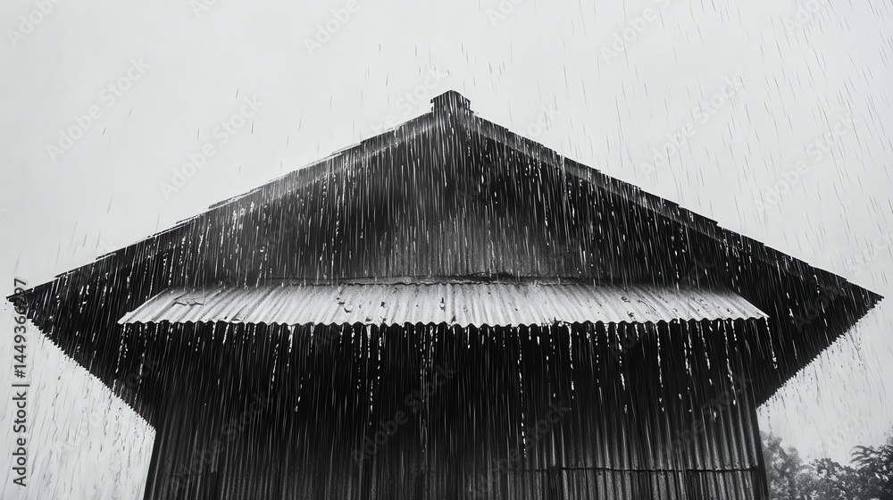 A grayscale view of a pitched roof during a rainstorm.