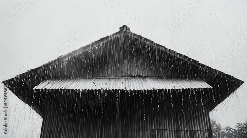 Obraz na płótnie A grayscale view of a pitched roof during a rainstorm. w salonie