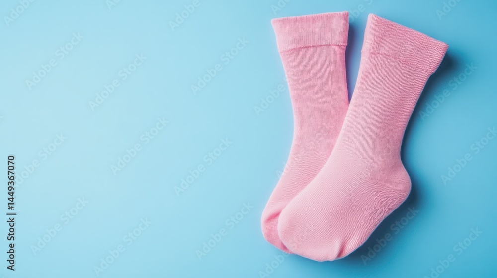 Close-up of Pair of Soft Pink Socks Lying on Light Blue Surface, Cozy Comfortable Warm Casual Footwear for Women or Girls, Minimalist Fashion Accessory Close-up of Pair of Soft Pink Socks Lying on Light Blue Surface, Cozy Comfortable Warm Casual Footwear for Women or Girls, Minimalist Fashion Accessory