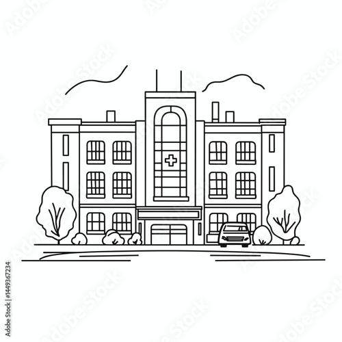 Modern hospital building illustration with trees and parking area  
