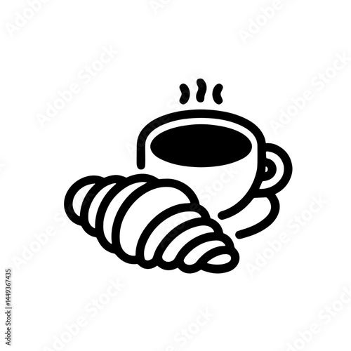 Minimalistic black-and-white line art illustration of croissant and coffee icon