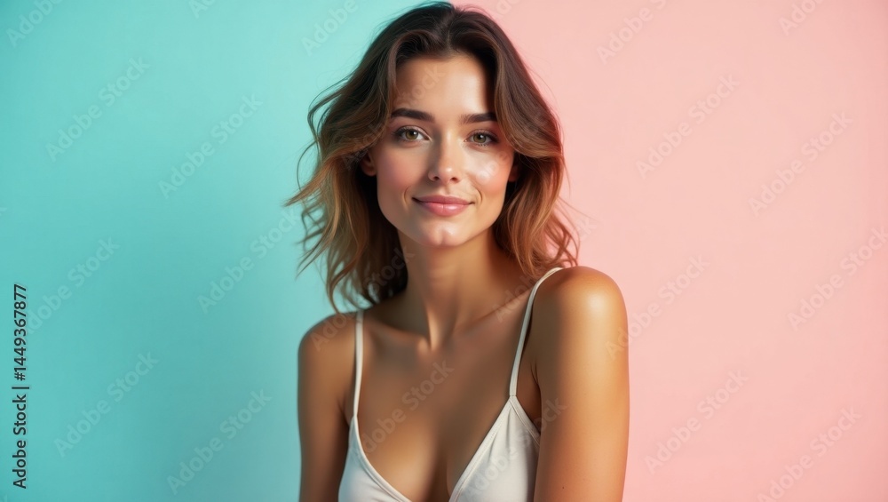 Fototapeta premium Mammaly. Feminine beauty reigns. Female woman model isolated background. Beautiful woman in simple white bra stands confidently, embodying feminine elegance and inner strength.