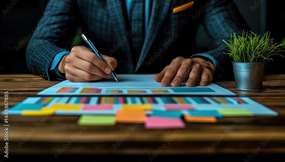 Fototapeta premium Businessman analyzing data, reviewing documents, and planning