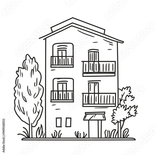 Line drawing of a two-story guesthouse with trees and plants  