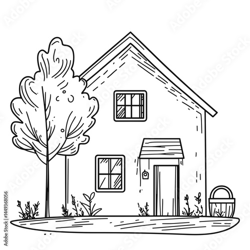 Simple line drawing of a guesthouse with trees and garden concept of travel  
