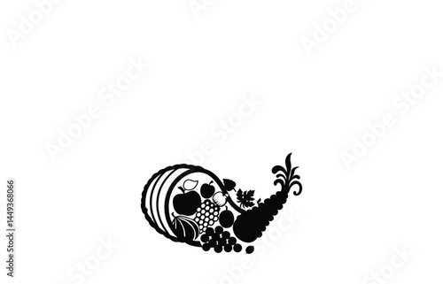 A horn of plenty filled with fruits silhouette on white background