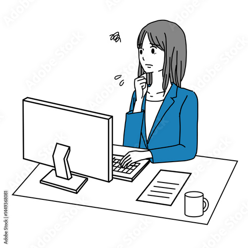Illustration of a young businesswoman struggling with her computer.