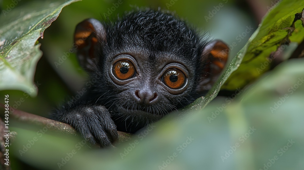 Close-up of a curious juvenile primate in foliage.