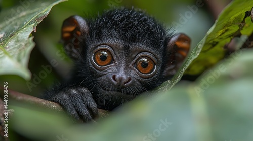 Obraz na płótnie Close-up of a curious juvenile primate in foliage. w salonie
