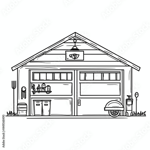 Outline illustration of a garage with tools and equipment outside  