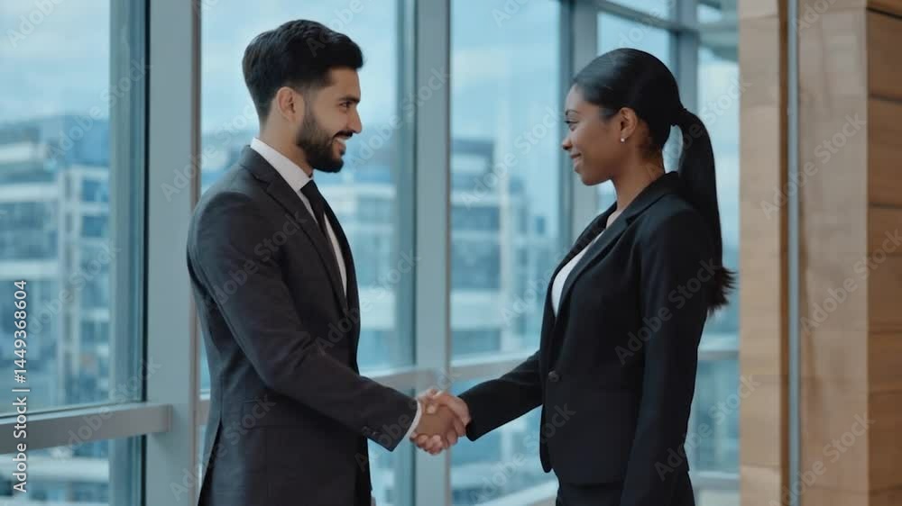 Business professionals shaking hands in a modern office with city view Business professionals shaking hands in a modern office with city view