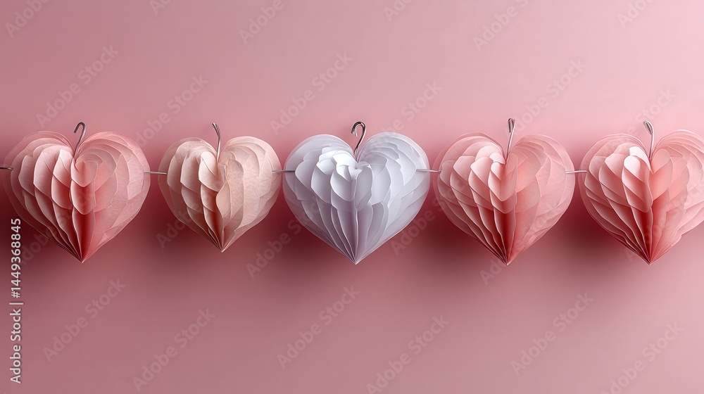 A row of folded paper hearts of various shades.