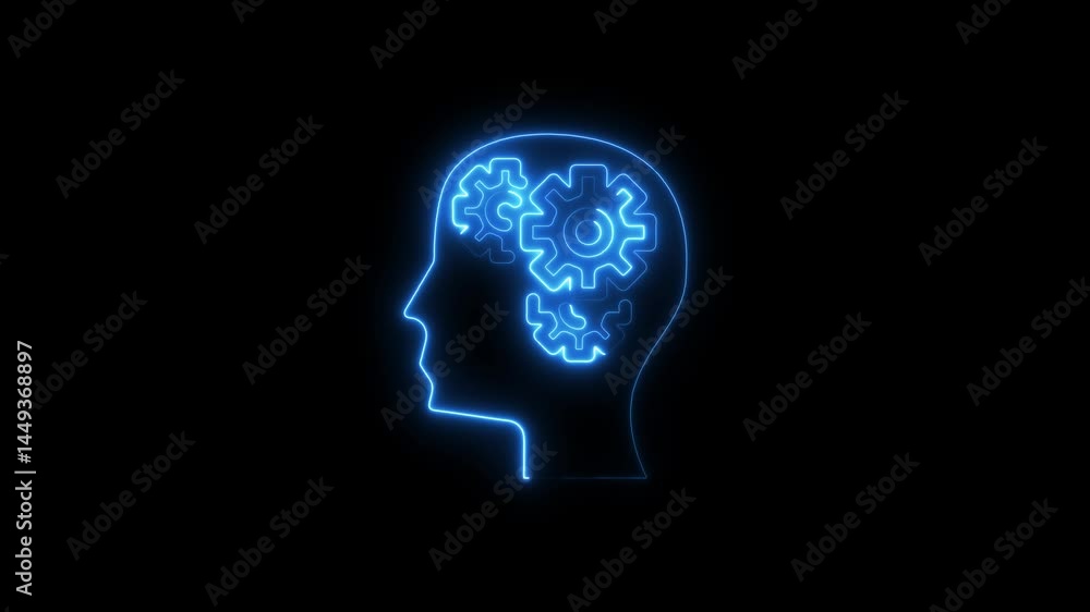 Animated neon human head with cogwheel brain illustrating thought and innovation Animated neon human head with cogwheel brain illustrating thought and innovation