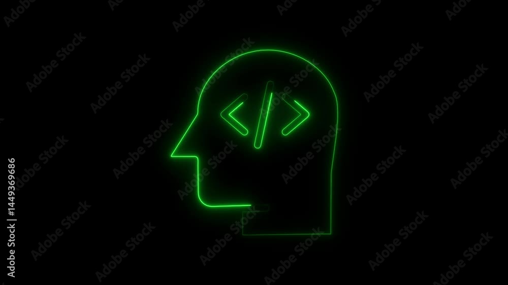 Glowing green neon outline of a head containing code symbols on a black background Glowing green neon outline of a head containing code symbols on a black background