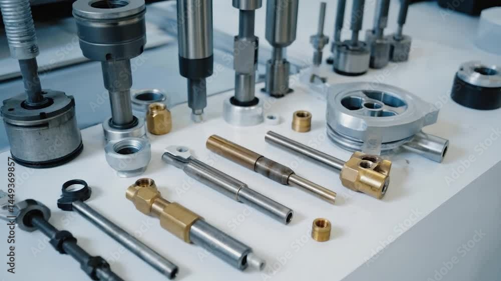 Close-up of precision-engineered mechanical components arranged on a workbench Close-up of precision-engineered mechanical components arranged on a workbench