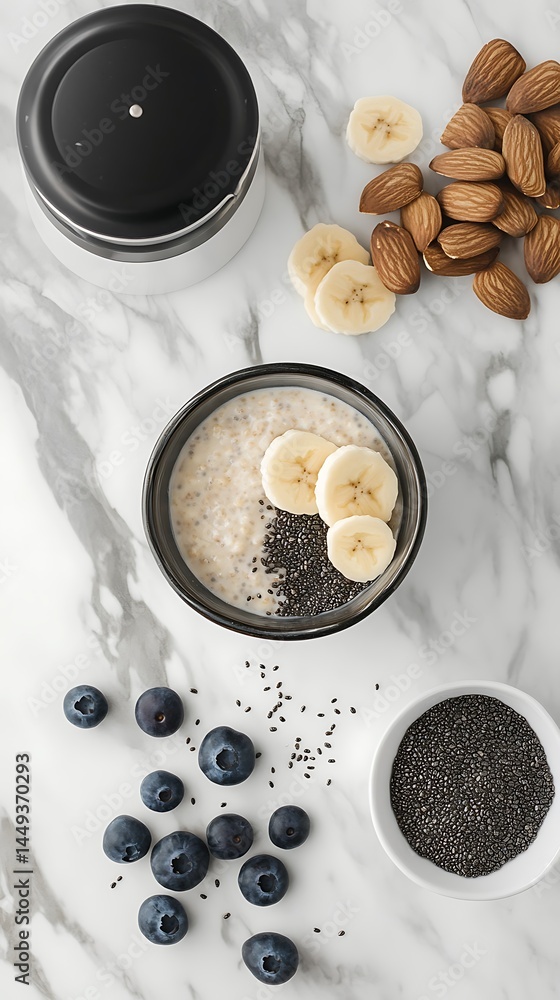 Oatmeal Bowl with Banana, Chia Seeds, Blueberries, and Almonds on Marble Table Oatmeal Bowl with Banana, Chia Seeds, Blueberries, and Almonds on Marble Table