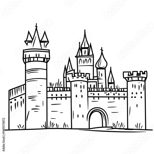Hand-drawn castle illustration in black and white  