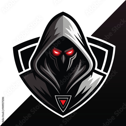 Vector Icon Dark hooded assassin mascot with glowing red eyes and shield emblem on split black and white background. Perfect for esports, gaming, and branding use.