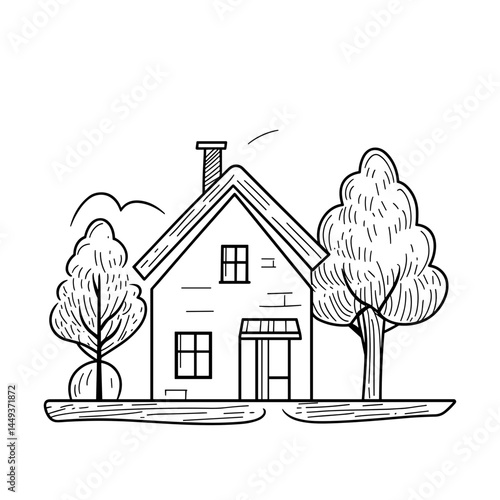 Hand-drawn house illustration with trees in a minimalistic style  