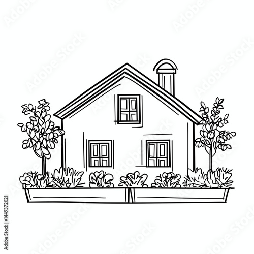 Single line drawing of a dacha with garden details  