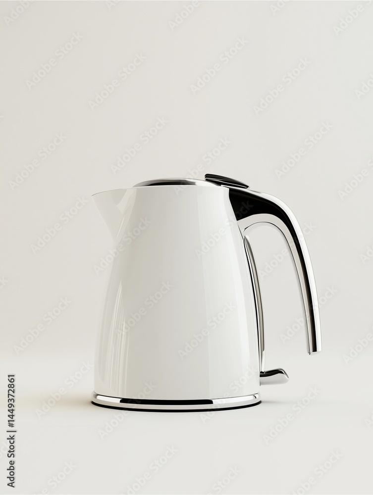 Sleek White Kettle: A contemporary white electric kettle with a silver trim, capturing the sleek design and modern aesthetic. It sits on a white background. Sleek White Kettle: A contemporary white electric kettle with a silver trim, capturing the sleek design and modern aesthetic. It sits on a white background.