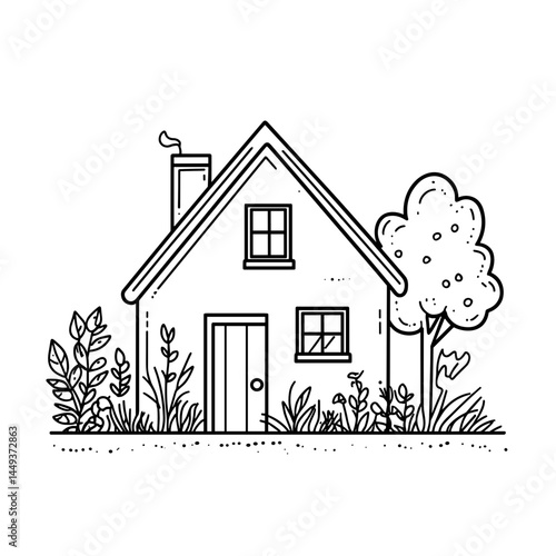 Cottage illustration with greenery and trees in a minimalist style  