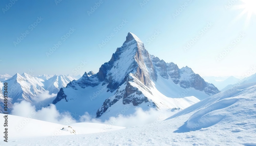 Obraz premium Snow-covered mountain peak against bright white sky, altitude, nature