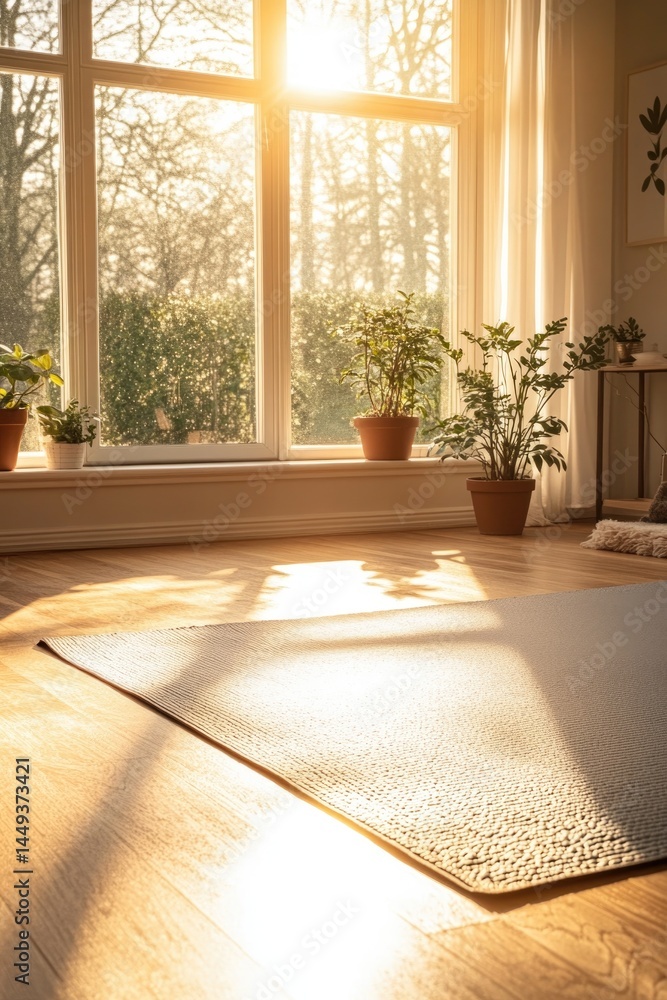 Fototapeta premium Sunlit home gym with yoga mat, cozy atmosphere, plants adding fr