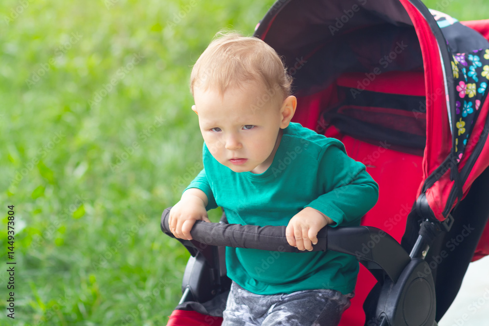 A small child in a stroller for a walk in the park A small child in a stroller for a walk in the park