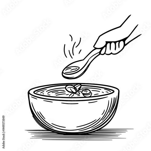Hand scooping oatmeal porridge from a steaming bowl  