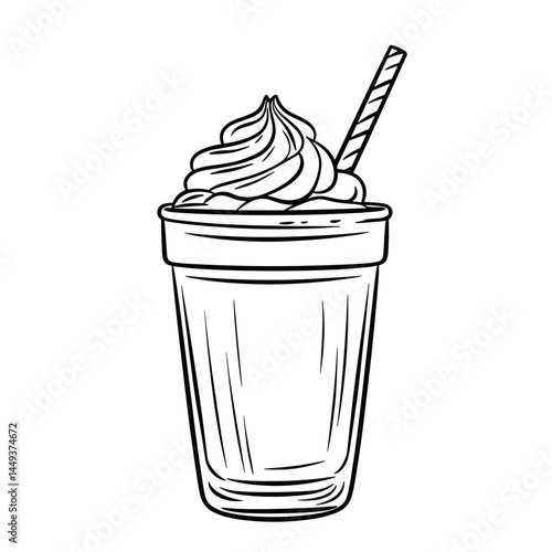 Milkshake in glass topped with whipped cream and straw  